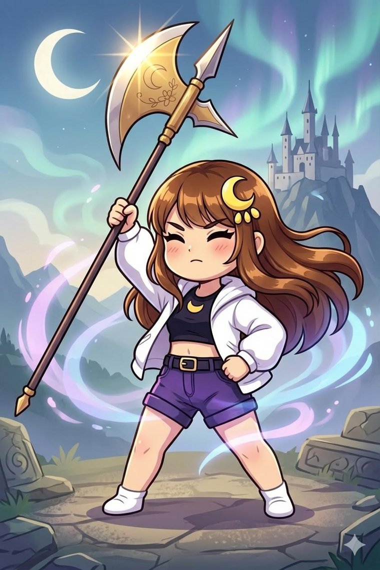 Valesuki ilustrada como guerrera chibi con un hacha, frente a un castillo bajo la luna